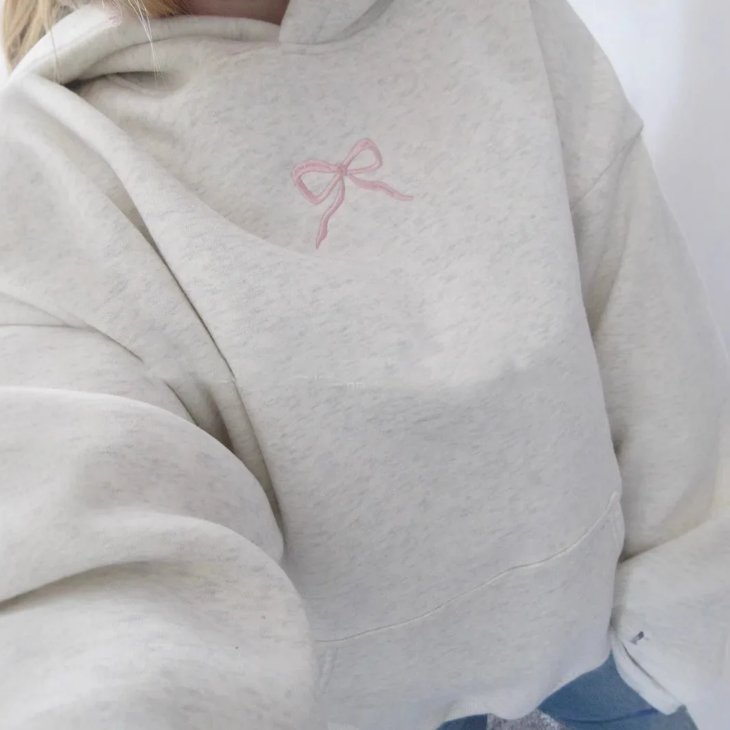 Cotton Simple Floral Letter Bow Pattern Gray Pullover Sweater Top American Retro Trend 2025 New