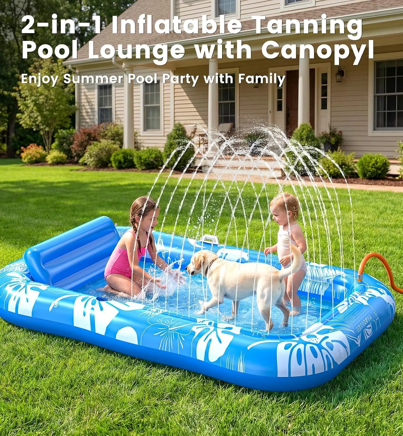Inflatable Tanning Pool Lounger Float with Sprinkler & Canopy UPF50+, 77