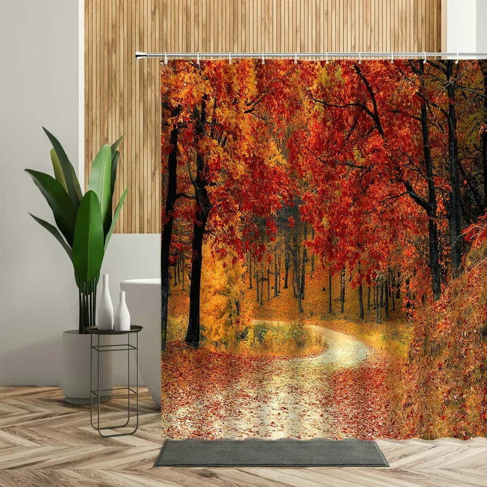 Forest Maple Tree Shower Curtain Waterfall Jungle Autumn Nature Orange Leaves Bathroom Decor Bath Curtains Home Decoration Cheap