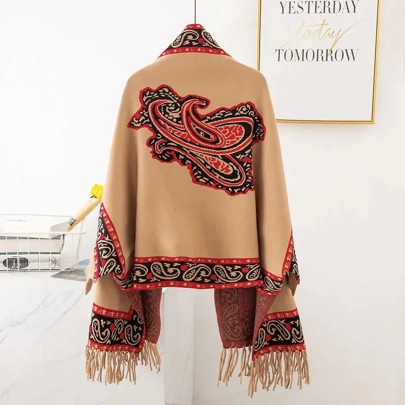 Tassel Ponchos And Capes Women Floral Print Shawl Scarf Autumn Winter With Sleeve Cardigan Ethnic Style Travel Cloak Female