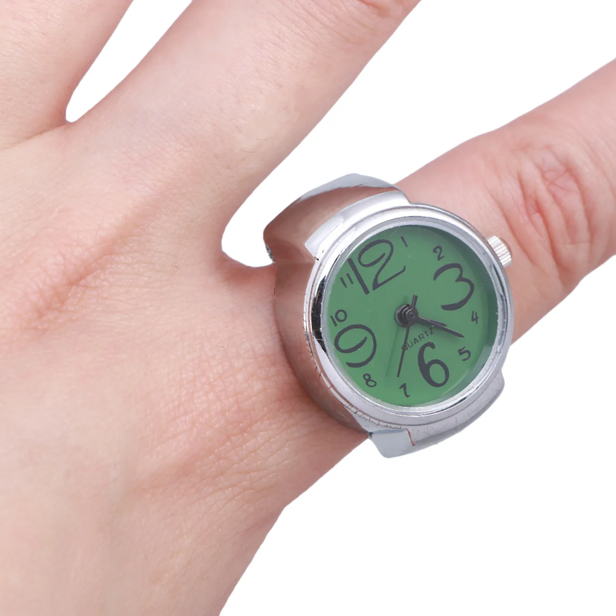 ساعة إصبع مرنة من الفولاذ المقاوم للصدأ بحلقة عصرية للرجال والنساء للجنسين كوارتز مجوهرات معصم باللون الأخضر