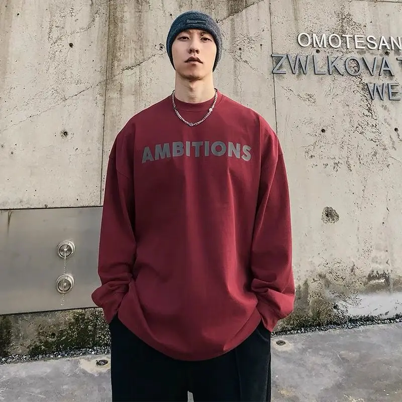 

New heavyweight pure cotton American inner-paired letter printed long-sleeved T-shirt men's loose bottom round neck top trendy