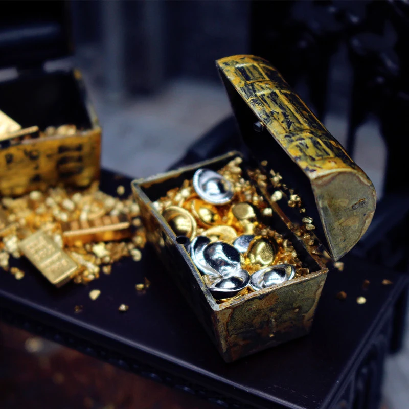 1 conjunto de casa de bonecas 1:12, mini baú de tesouro, barra de ouro, modelo de moeda, casa de boneca, micro cena, decoração, brinquedos de casa de brincar para crianças