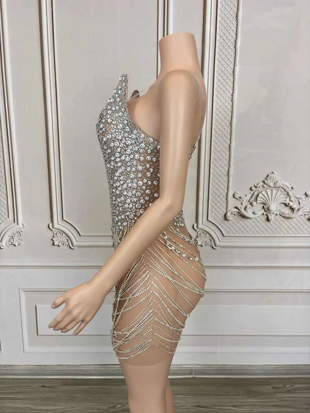 Błyszczące cyrkonie Łańcuchy Krótka sukienka dla kobiet Seksowna siateczka Przezroczysta wieczorowa impreza Prom Sukienka urodzinowa Strój do sesji zdjęciowej