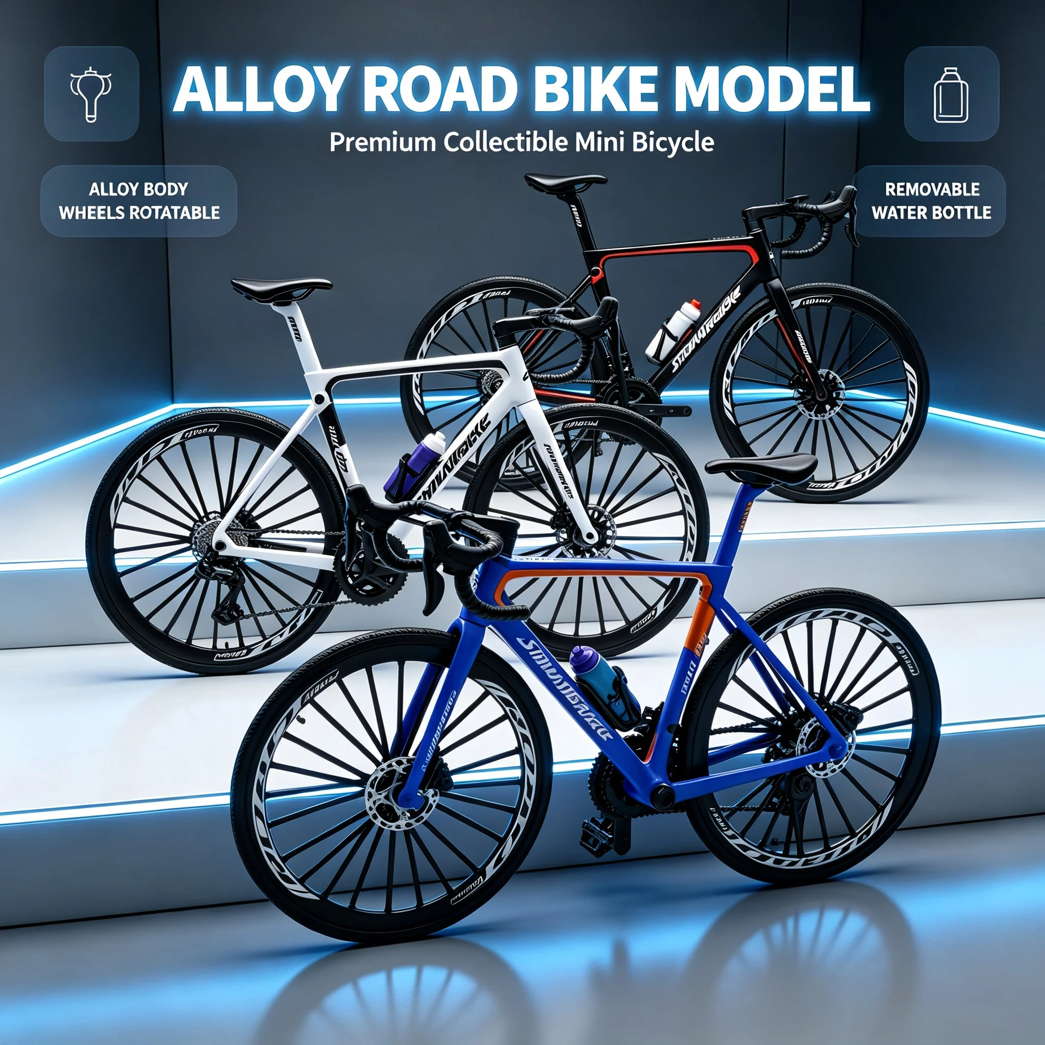 1：8 Scale Alloy Road Bike Model with Detachable Rubber Tire And Water Bottle Exquisite Detail Desktop Ornament for Collectors