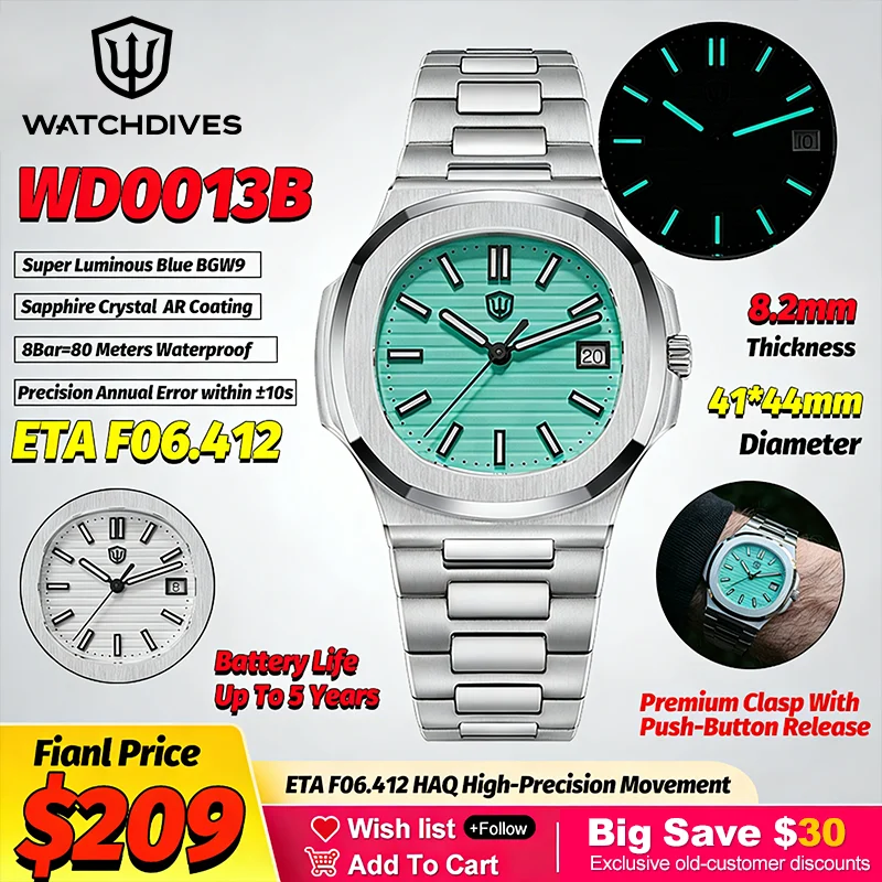 

Роскошные кварцевые часы Watchdives WD0013B F06.412, высокоточные часы, толщина 8,2 мм, сапфировые водонепроницаемые мужские часы из нержавеющей стали