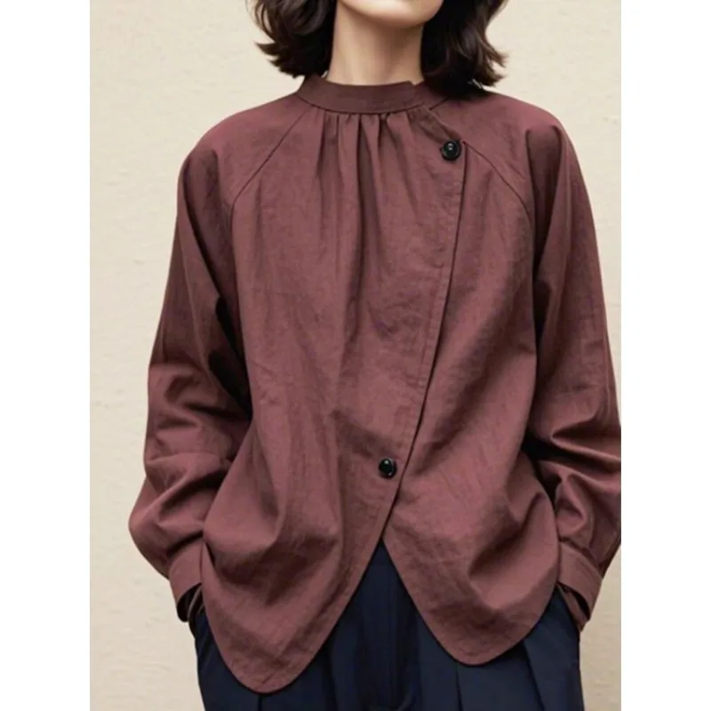 

SuperAen модные косые однобортные рубашки с воротником-стойкой и разрезом для женщин, весна 2026, новые топы асимметричного дизайна