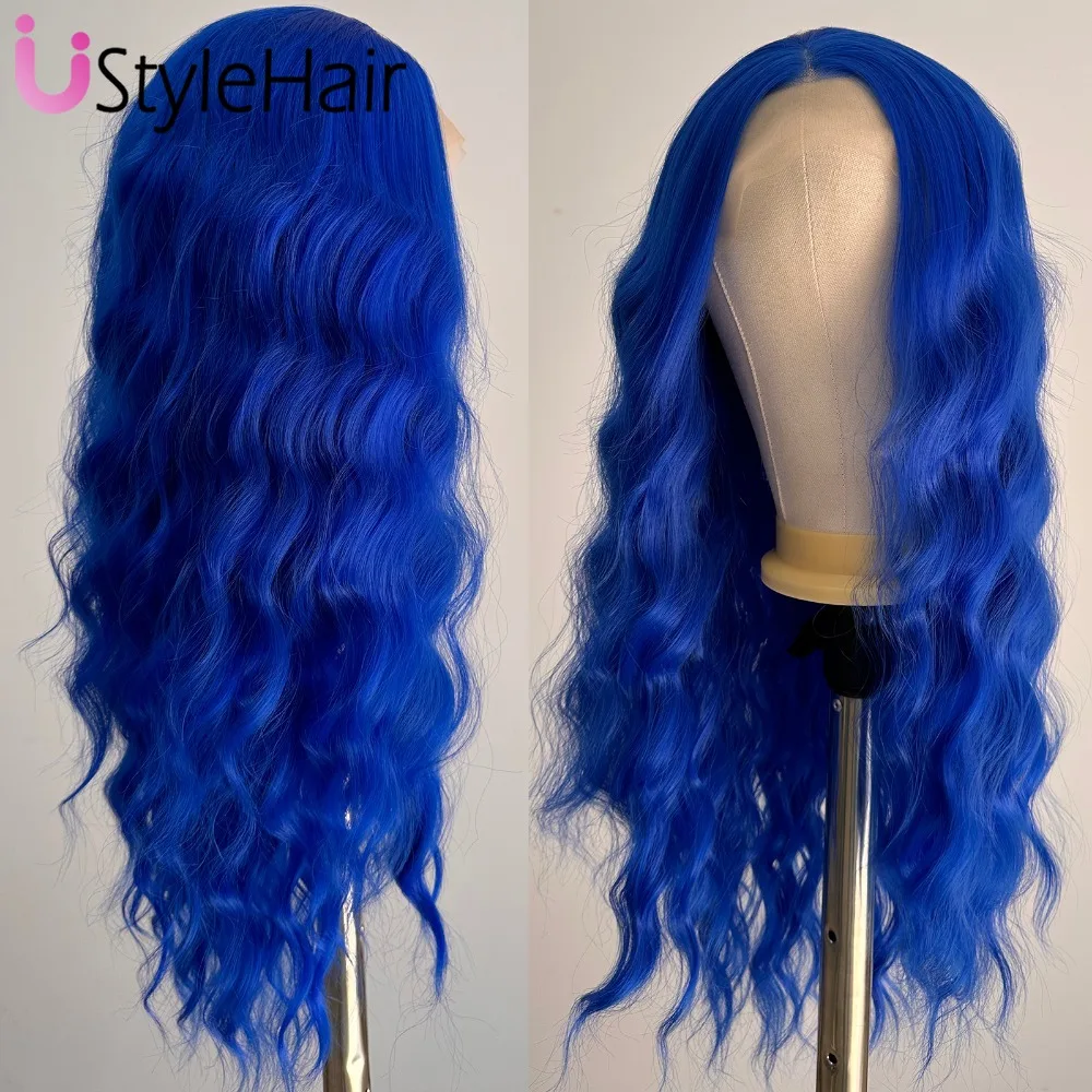 Perruque Lace Front Wig synthétique bleu royal, perruque ondulée longue adt, aspect naturel, perruque 03 utilisation, degré de chaleur, cosplay