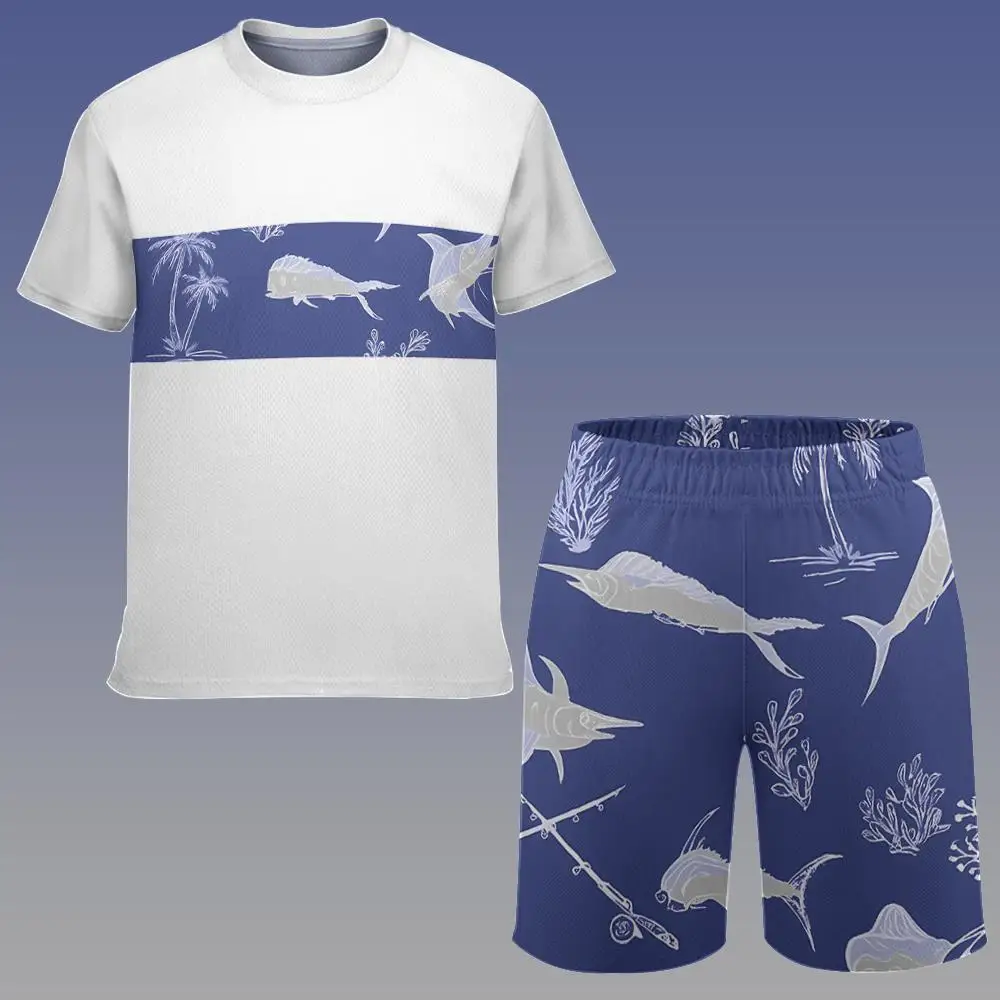 Palm Tree Print Men's Short-Sleeved Shorts Set Miami Vacation Style T-Shirt Shorts Seaside Surfing Sports Beach Two-Piece Suit