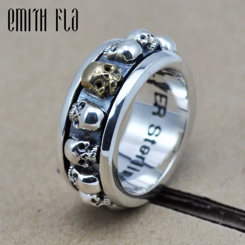 Genuine 100% 925 Sterling Silver Vintage Punk Locomotive Skull Rotating Ring For Men Fashion Jewelry