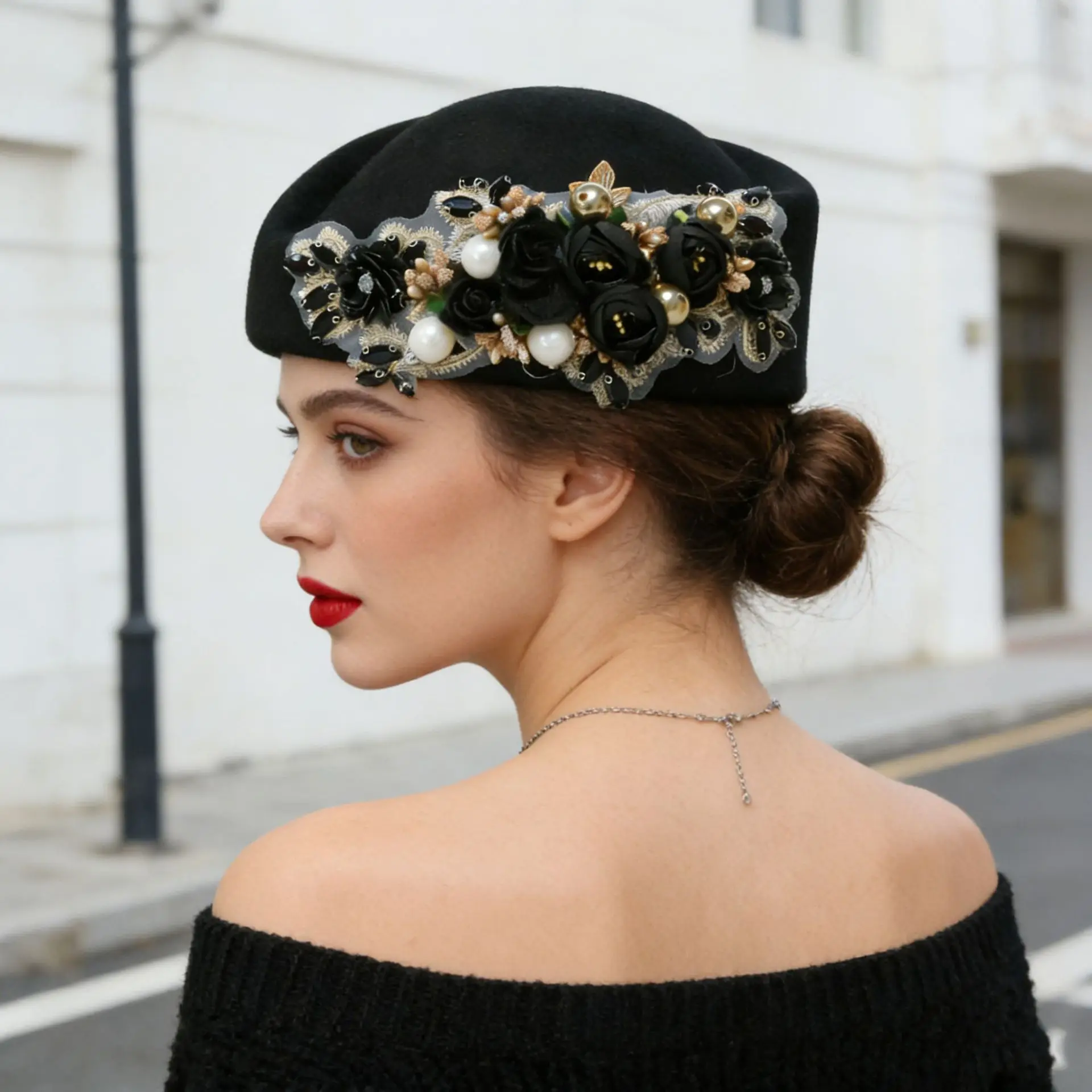 European Vintage British Felt Turban Hat for Women, Church Derby Headpiece with Handmade Sewn Flower, Soft Beret Cap