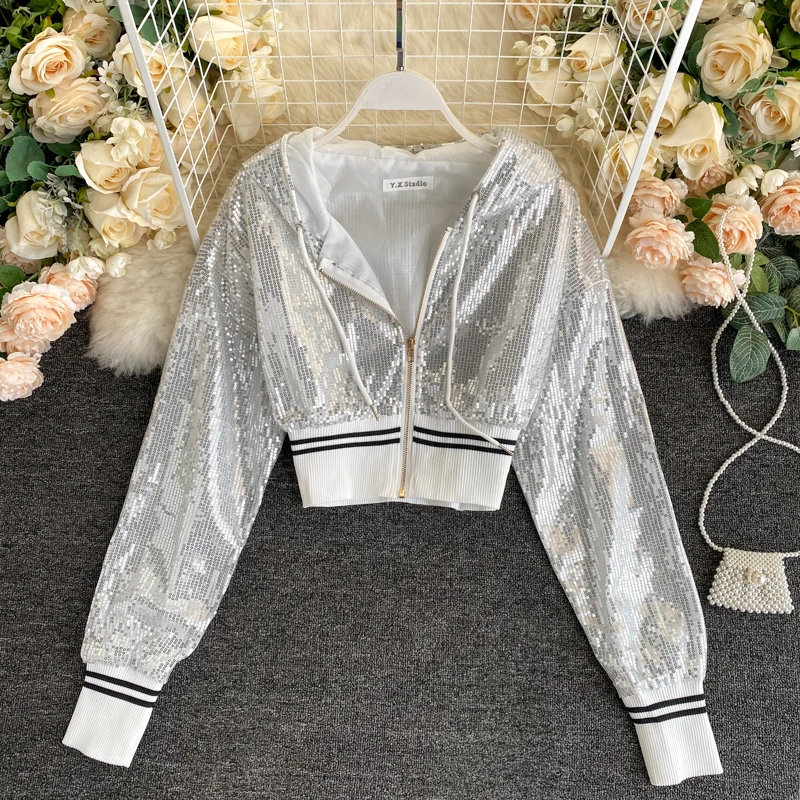 Jacket Women  Short Sequins jacket coats woman bling bling sequined coats women  Autumn Female short silver Jackets