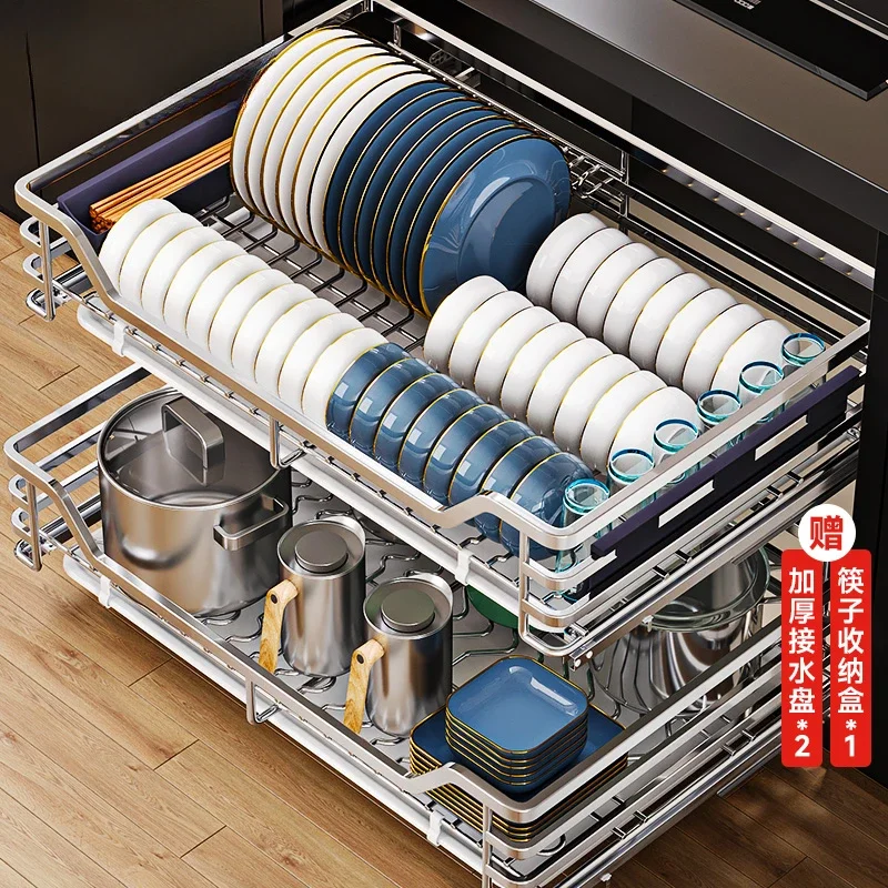 Basket Kitchen Cabinet Double Drawer Bowl Rack 304 Stainless Steel Kitchen Cabinet Bowl Basket Storage Seasoning Basket