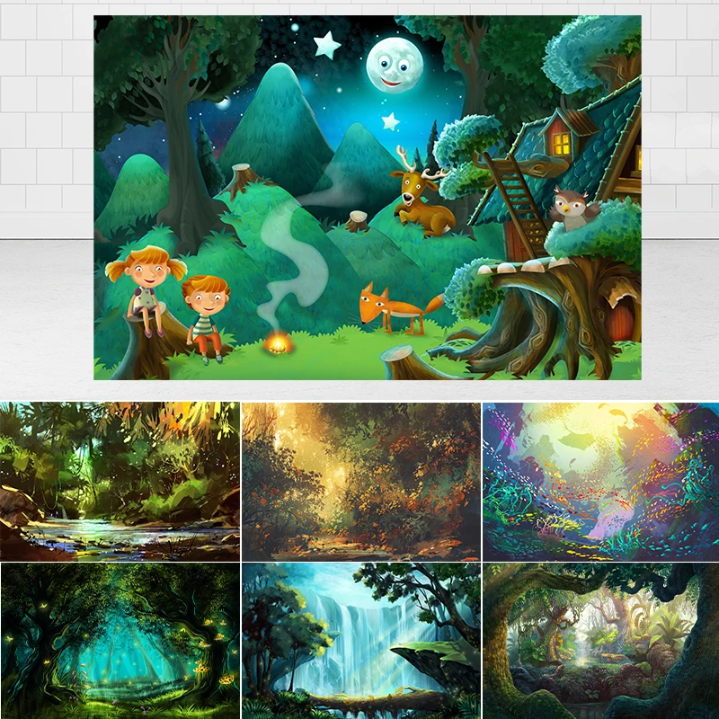 SeekPro Fantasy Forest Theme Party Photography Dressing Cartoon Illustration Magic Forest Background Cloth Poster Customization