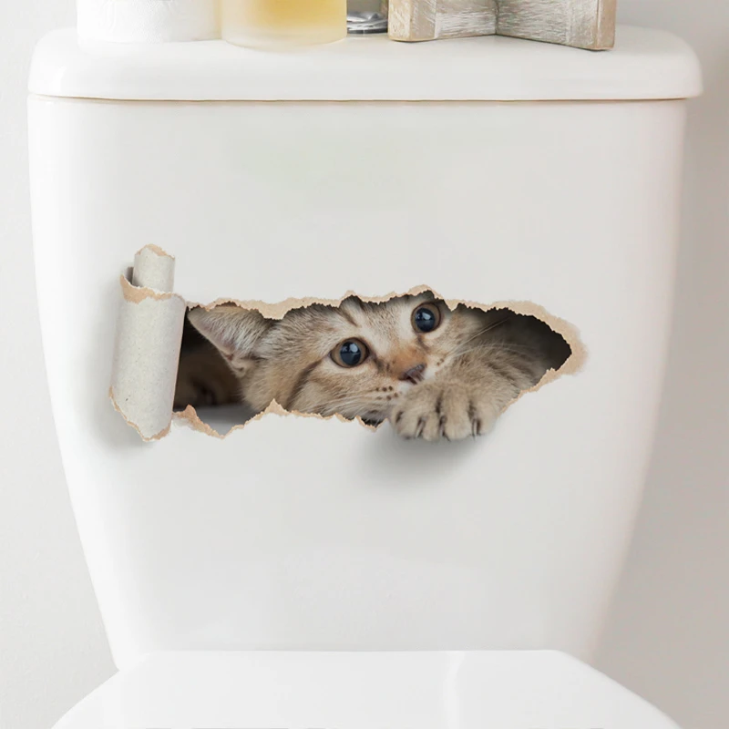 Torn Peeping Kitten Toilet Sticker 3D Effect Bathroom Toilet Seat Waterproof Sticker Self-Adhesive