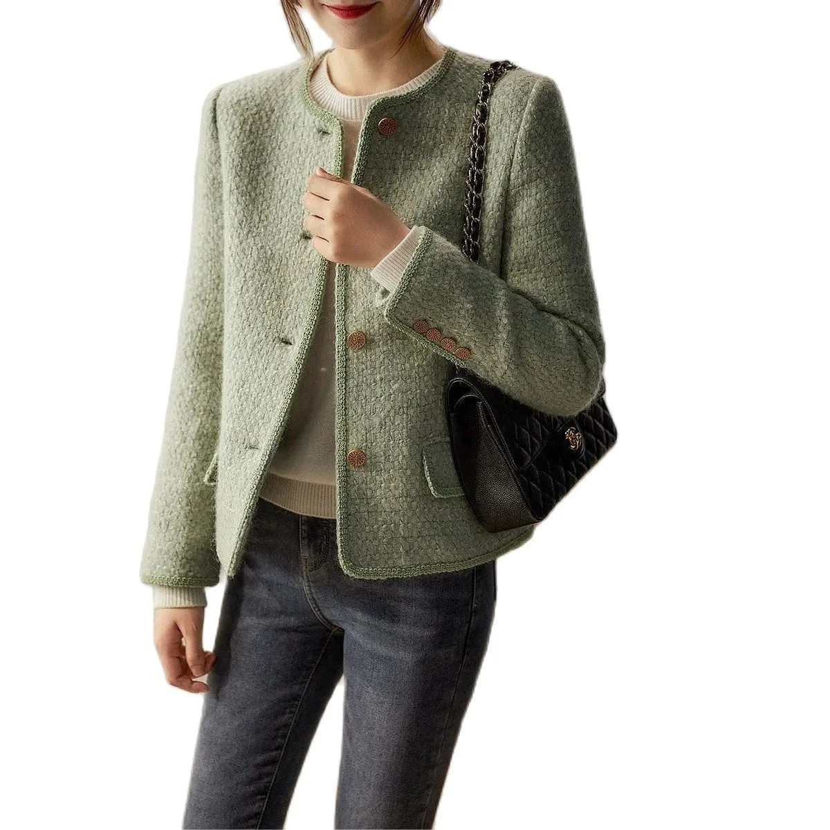 

Classic Women Green Woven Tweed Handcraft Short Faux Wool Jacket Fall 2023 Slim Outwear Ladies Woolen Coat