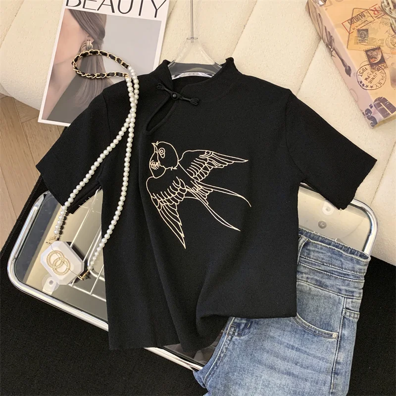 Chinese Style White Tshirt Women Summer Short Sleeve Top Ladies Pockets Basic T Shirts Knitted Casual Clothes Tee Shirt Femme