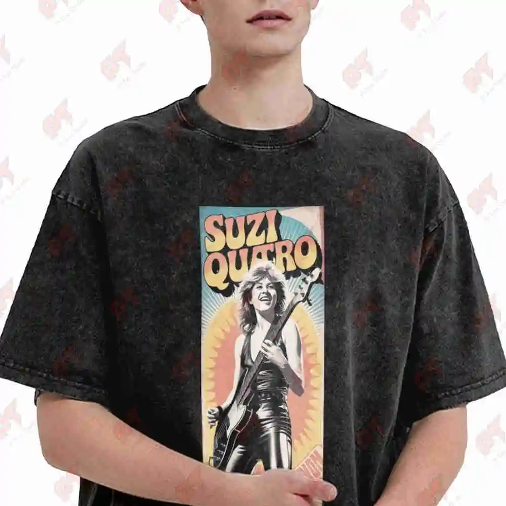 Rock Legend Suzi Quatro Retro Bass Guitarist Vintage Washed Tee Pure Cotton T-Shirt