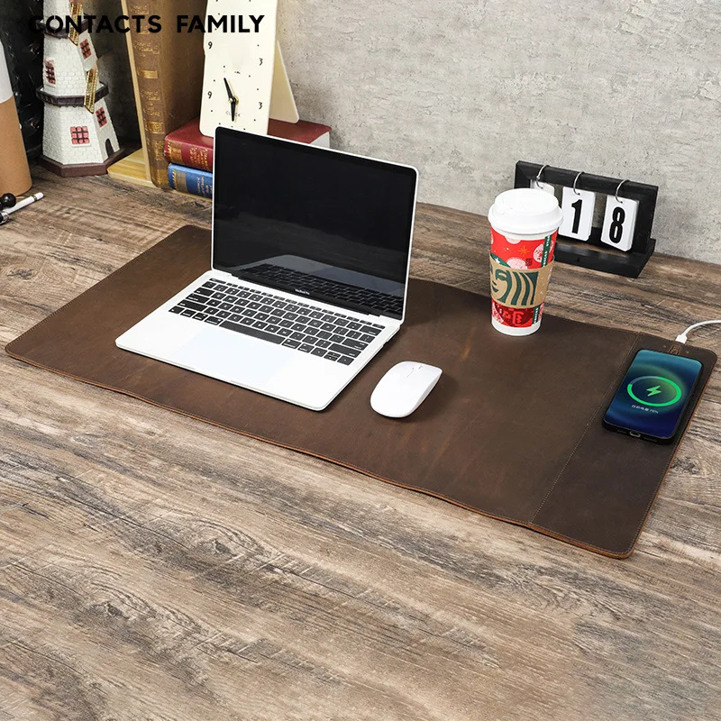 Retro Coffee Leather Mousepad Extra Large Waterproof Stain-Resistant with 15W Wireless Charging Genuine Leather Computer Office