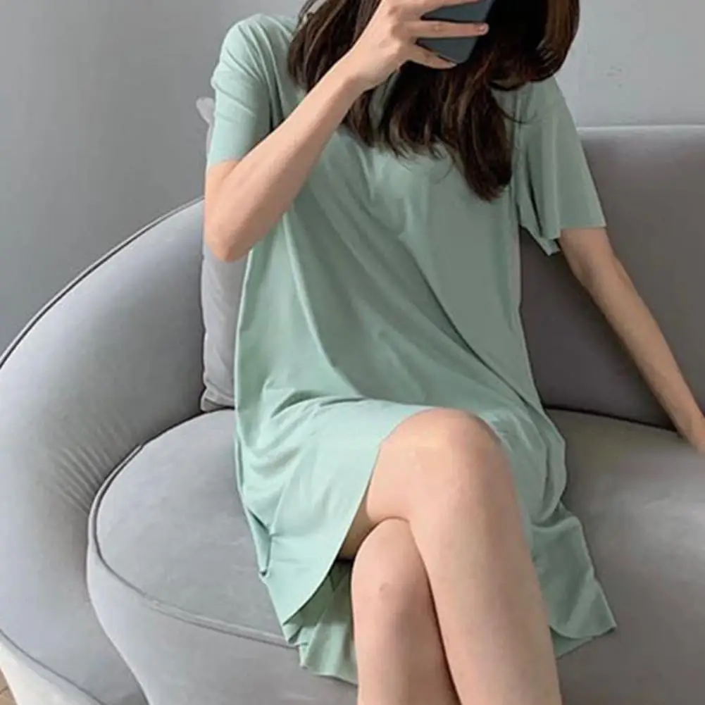 

Lady Summer Dress Solid Color O Neck Short Sleeves Ice Silk Loose Homewear Pajamas Knee Length Nightdress Women's Clothing