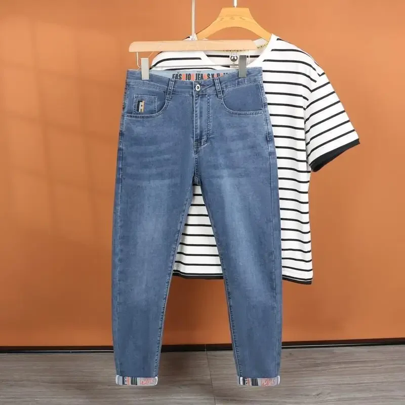 رمادي طباعة جينز طويل الرجال عادية مستقيم الساق شارع العليا ربيع الخريف نمط جديد أزياء العلامة التجارية مريحة مستقيم الجينز #3