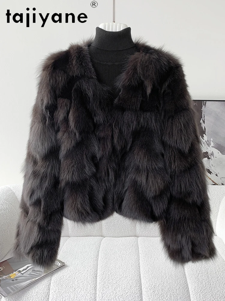 TAJIYANE 100%天然フォックスファーコート レディースファッション Vネック ショートリアルファー ジャケット 冬服 レディース ファー ジャケット 2025 ファー