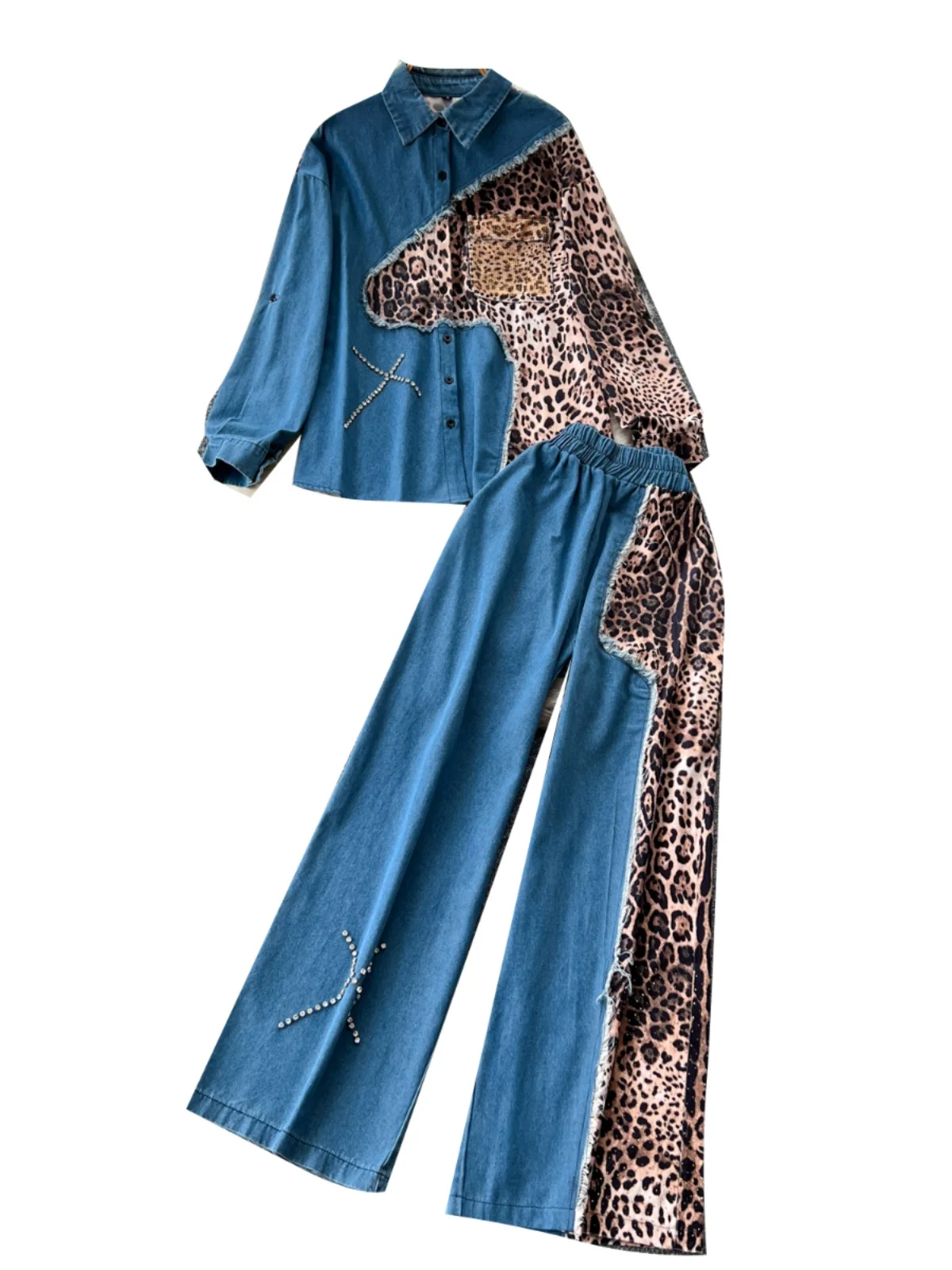 Fashion Retro Heavy Diamond Leopard Print Splicing Long-sleeved Denim Shirt Female Two-piece Set of High-waisted Trousers