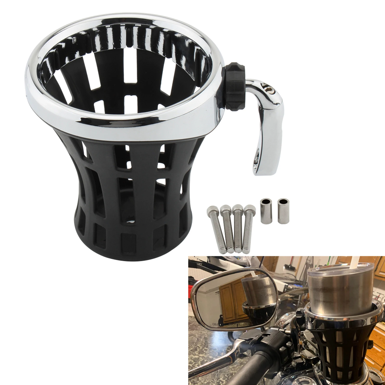 Motorcycle Handlebar Drink Cup Holder w/ Mesh Basket Mount For BMW R nine T Ducati Scrambler for Honda GL1500 Gold Wing