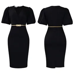 Vestidos africanos de poliéster para mujer, ropa Africana elegante de media manga con cuello en V, vestido hasta la rodilla con cinturón, 2024
