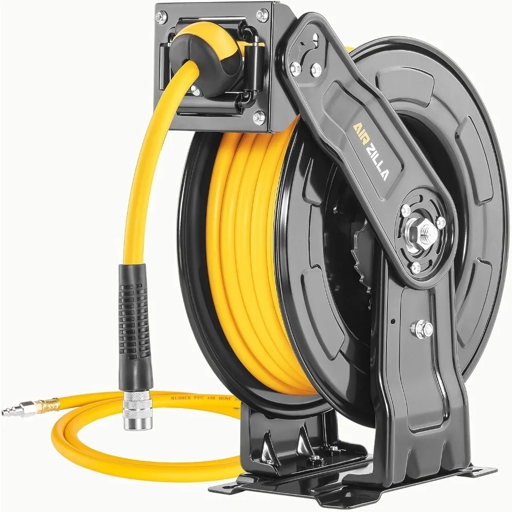 

Premium Steel Retractable Air Hose Reel With Dual Arm, 3/8"x65Ft Hybrid Polymer Hose, Heavy Duty Air Hose Reel included Auto Rew