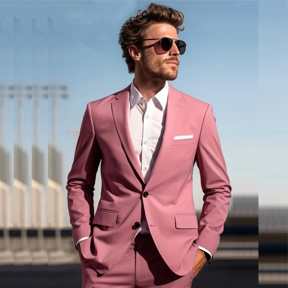 

Pink Men's Suits Blazer Single Breasted Notched Lapel Flat Regular Outfits 2 Piece Jacket Pants Skinny Full Set Wedding Clothing