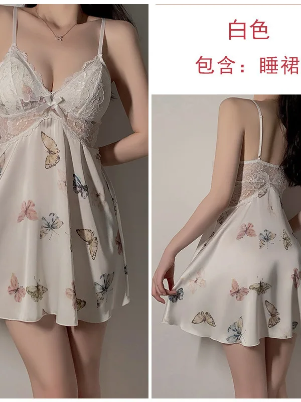 2024 New Sexy V-neck Hollow Out Bow Lace Sheer Butterfly Sweet Printed Sling Dress Women Cinching Waist Slim A-line Dress 4R2O