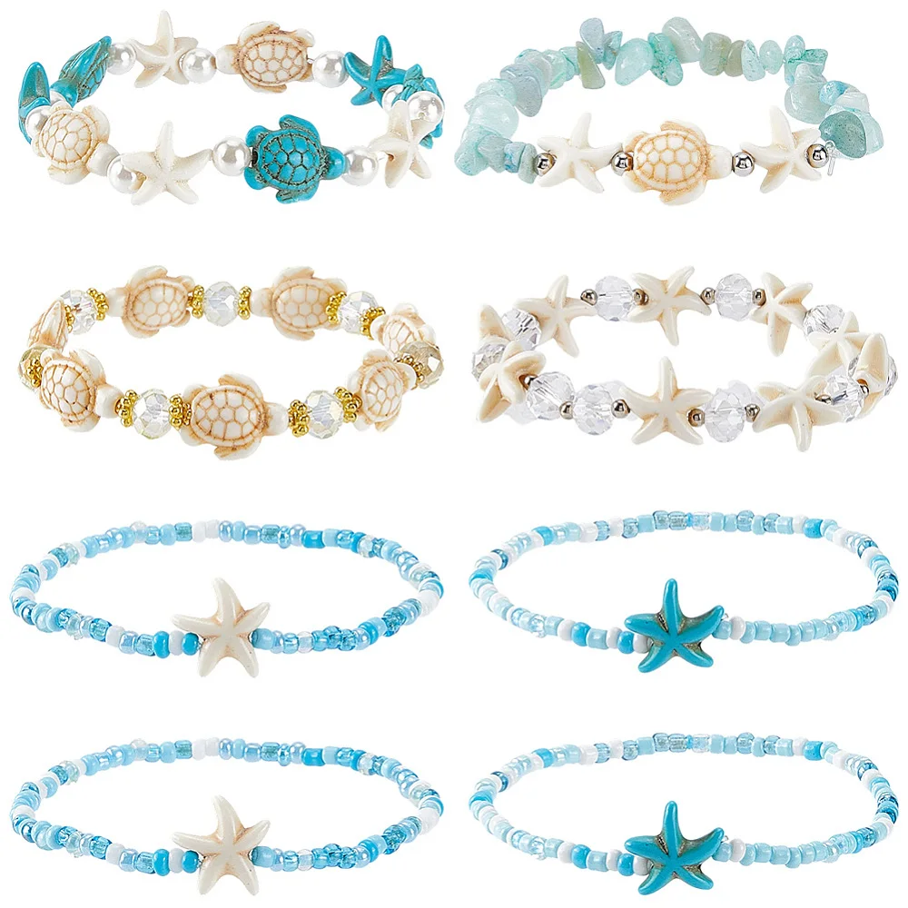 8pcs Turtle Bracelets for Women Beaded Bracelets for Women Trendy Fashion Boho Turquoise Sea Starfish Turtles Beaded Jewelry Set