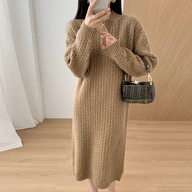 Japanese Style Lazy Style Solid Round Neck Fried Dough Twists Knitting Dress Autumn and Winter New Casual Versatile Wool Dress