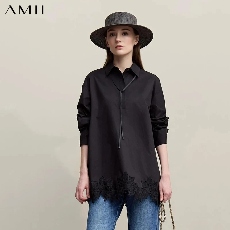 Amii Woman Autumn Shirt 2026 New Elegant Commuter Lapel Shirt Lace Patchwork Loose Cotton Casual Long Sleeve Top 12621011