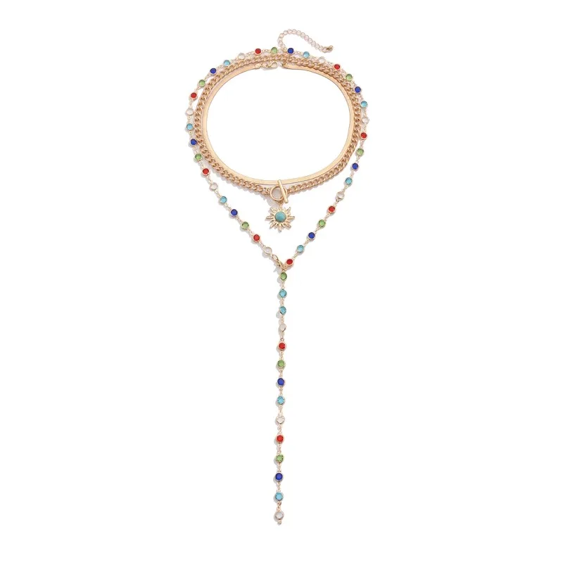 

3-Piece Sunflower Color Crystal Necklace European and American Sexy Fashion Long Deep V Clavicle Chain Accessories