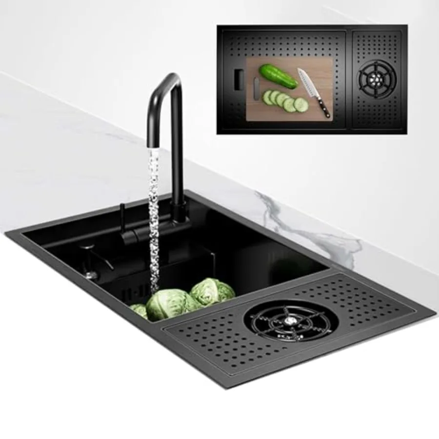 

Black 22 Inch Stainless Steel Hidden Kitchen Sink Single Bowl Balcony Bar, Commercial Kitchen Sink with Combo Cup Washer