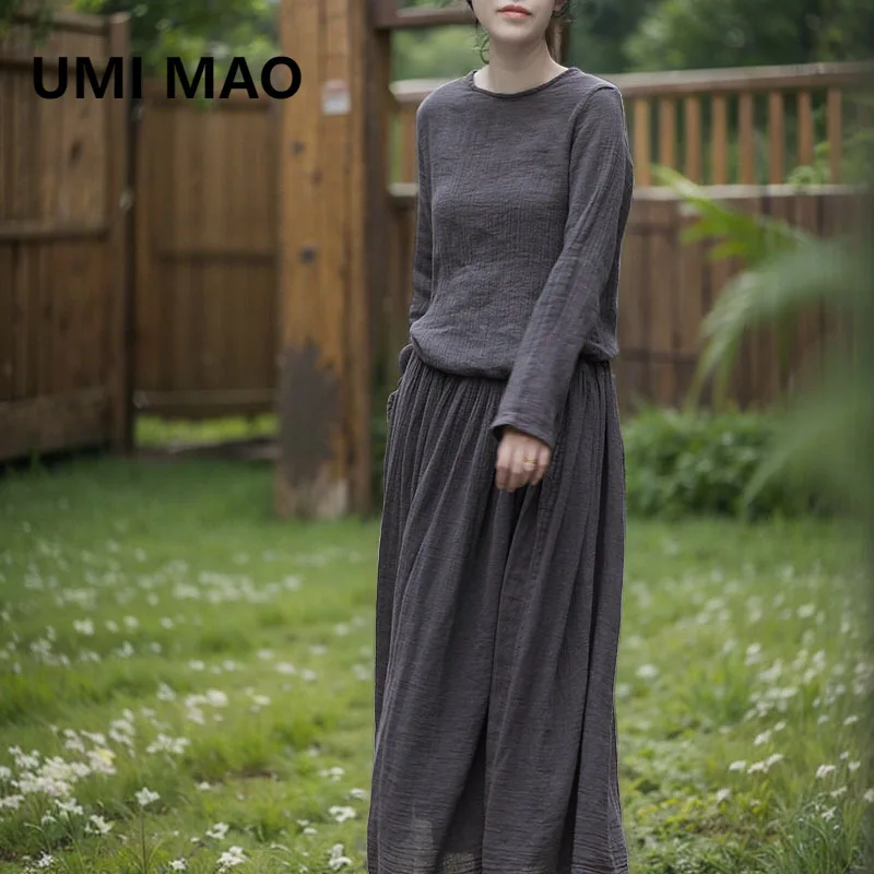 

UMI MAO длинное платье весна осень литературный стиль путешествий большой подол Рами хлопок элегантное платье с завязками на талии Femme