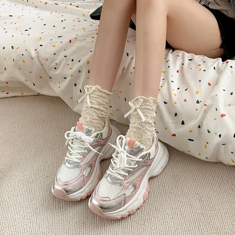 Sneakers Mesh Shoes Women's Heels Platform Tennis Female Woman shoes Breathable 2024 Thick Sole Fashion Casual Trainers Roses