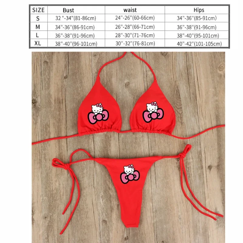 Sanrio-Bikini con cuello Halter para mujer, traje de baño Sexy multicolor, con tirantes divididos, ajustable, Kawaii, HelloKitty, Kuromi My Melody