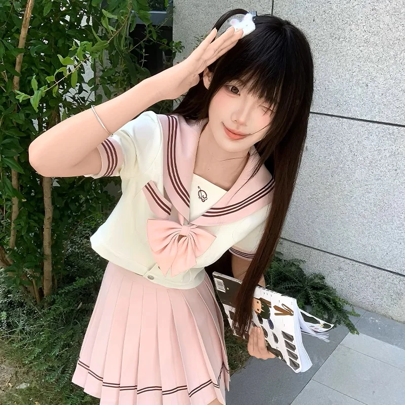 

Japanese College Middle School Students Pink Sailor Outfit Short Sleeve Uniform Set JK Uniform Cosplay Seifuku Costume for Women
