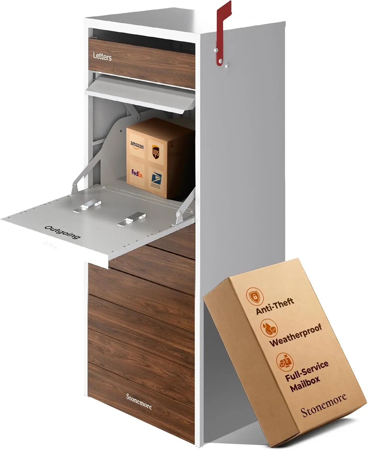 Cali USPS Compatible Mailbox, Snow White/Walnut Package Mailbox, Anti-Theft Locking Parcel Drop Box for Porch Or Curbside, Large