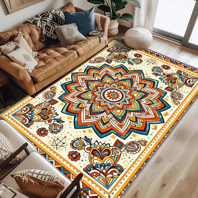 RAKKS 컨템포러리 보헤미안 러그 - 부드러운 크리스탈 벨벳 표면, 만다라 디자인, 거실 및 침실 홈 데코용 로우파일 매트