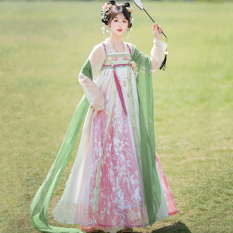 Hanfu women Chinese style Tang style chest-high Han Dynasty spring and summer daily embroidered pink printed cardigan