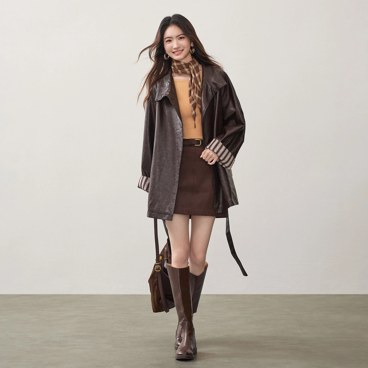 SENTUBILA Women's PU Leather Coat 2026 Autumn Detachable Waist Belt Turn‑Up Cuff Jacket Midi‑Length Vintage Outerwear W63GA8188