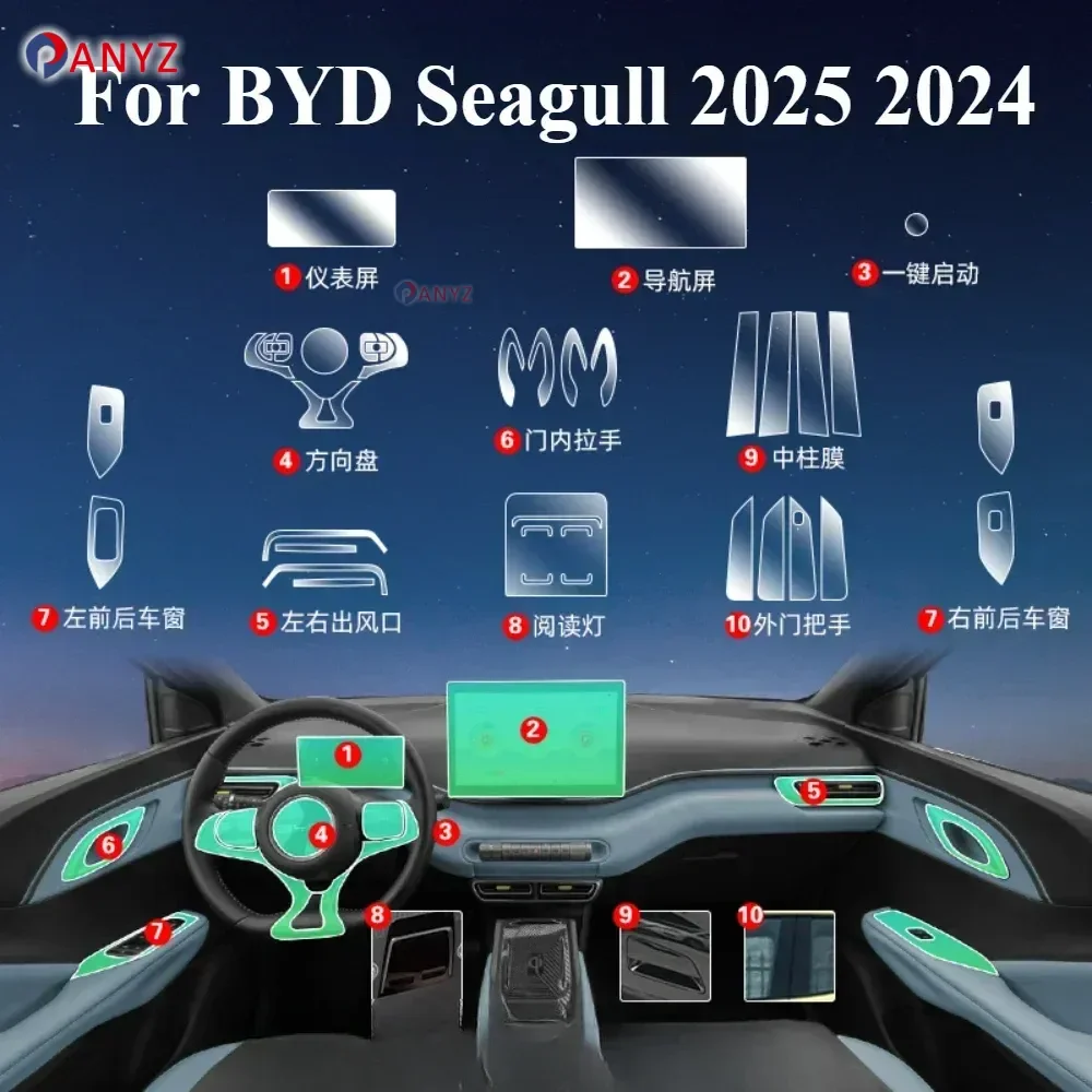 For BYD Seagull 2025 2024 Accessories Car Interior Film Transparent TPU Gear Panel GPS Navigation Center Console PPF Protection