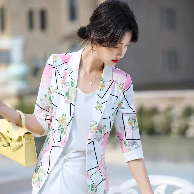 2025 New Women Large Size Suit Jacket Spring Summer Female Women Blazer Sleeve Three-quarter Sleeve Printed Suit For Women
