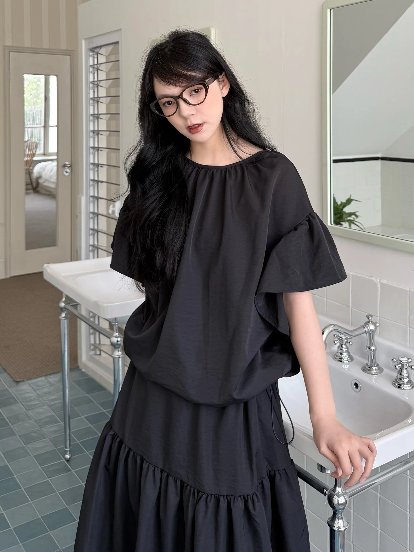 Dark Series Drawstring Skirt Short Sleeve A-Line Dress with Fairy Sleeves Casual Loose Fit round Neck Summer Fashion Women's ...