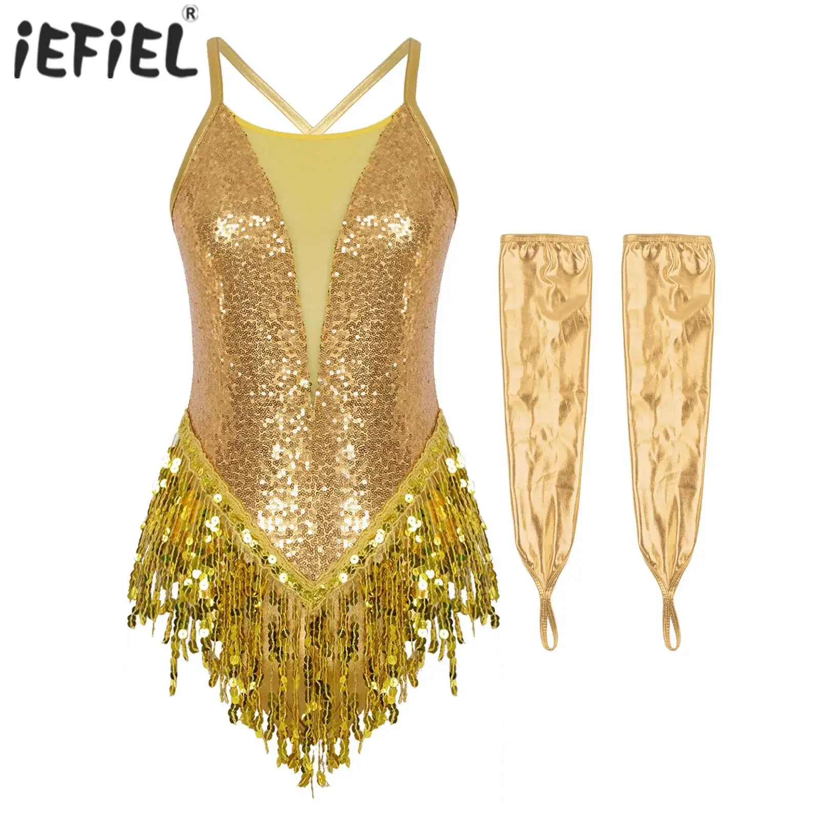 Womens Latin Dance Leotard Sparkling Sequins Fringed Bodysuit Cross Back Jazz Dancing Unitard with Metallic Fingerless Gloves