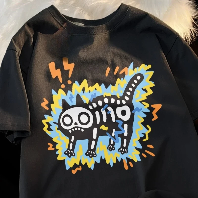 Electric Shock Cat Printed Woman Fashion Brand Trendy Short-sleeved T-shirt Women Summer Skull Cat Casual Funny T-shirt